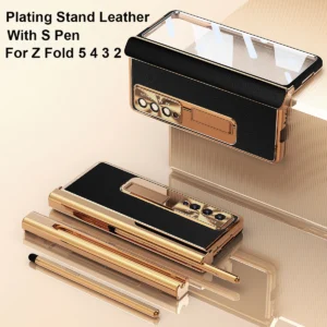 With Touch Pen For Samsung Galaxy Z Fold 6 5 4 3 2 7 Case Hinge Leather Plating Magnetic Kickstand Full Screen Protector Cover