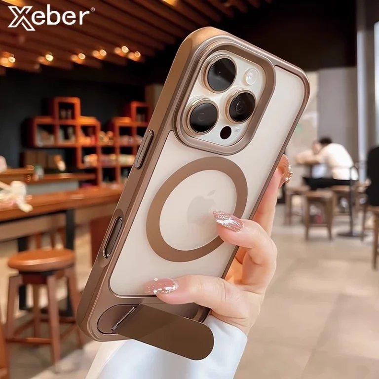 Plating Frosted Translucent Magnetic Case For iPhone 17 16 15 14 13 12 11 Pro Max Fold Stand Holder For Magsafe Shockproof Cover