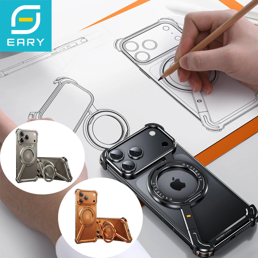 Eary Frameless Case for iPhone 17 Pro/Pro Max/17 Air with 360°Rotate Stand Aluminum Metal Shell Shockproof Protector Phone Cover