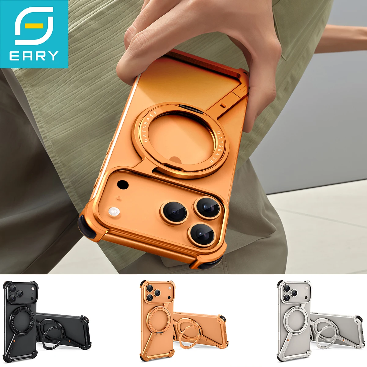 Eary for iPhone 17 Pro Max 17 Air Phone Case With 360°Rotating Ring Stand Holder Slim Shockproof Thin Bumper Anti-Drop Protector
