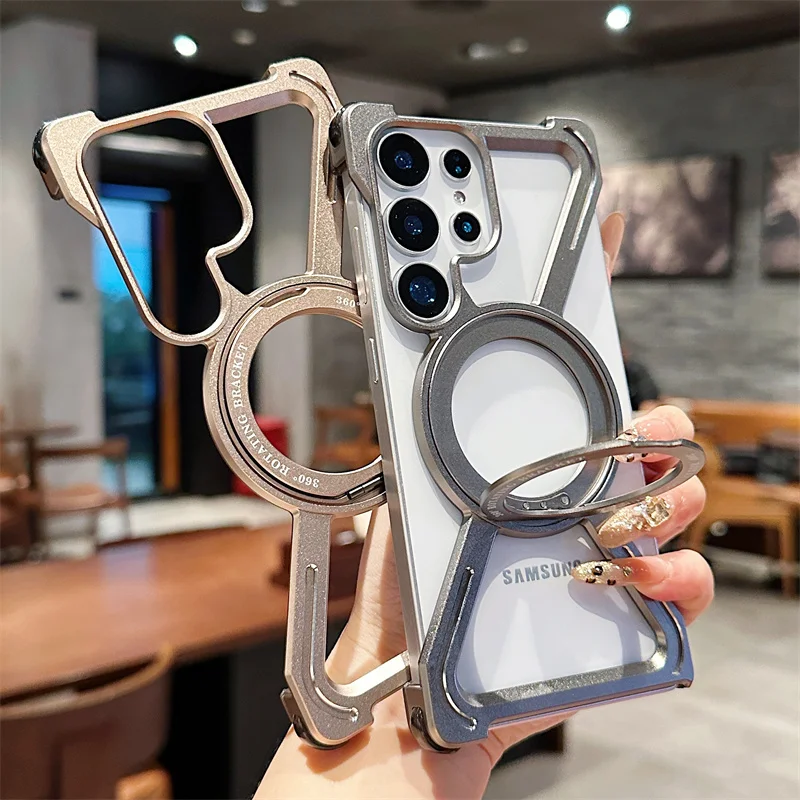Metal MagSafe Bumper Phone Case For Samsung Galaxy S23 S24 S25 Ultra Aluminum Alloy Magnetic Bracket Anti Drop protective Cover