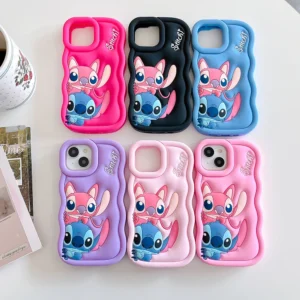 Candy Couple Stitch Look Case for iPhone X XS XR 11 12 13 Pro 14 Plus 15 Pro Max 16 3D Cartoon Silicon Wave Side Soft Phone Case