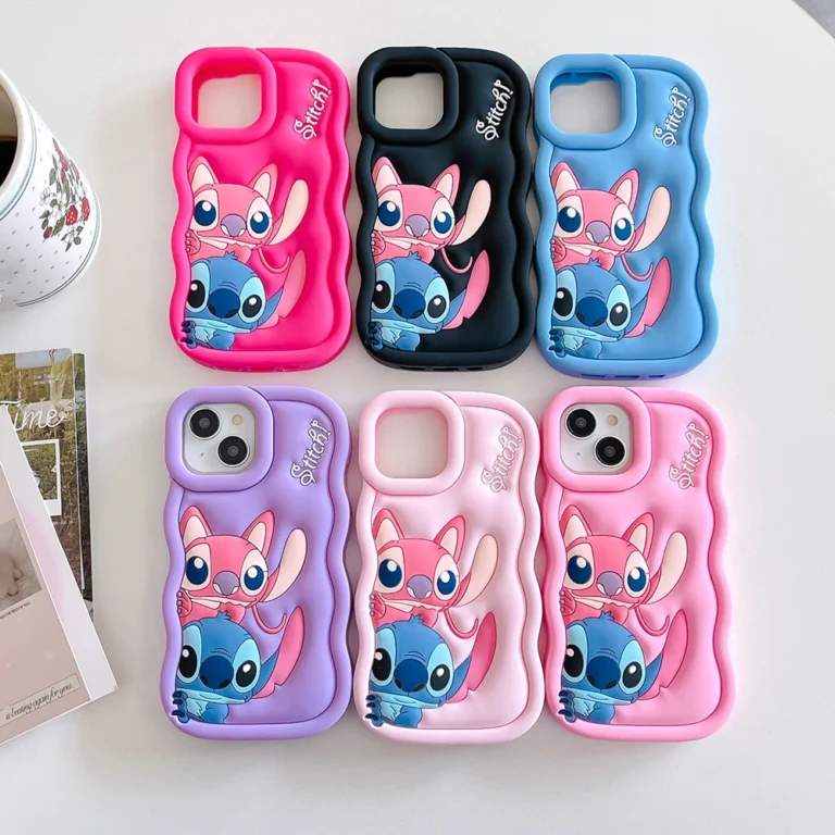 Candy Couple Stitch Look Case for iPhone X XS XR 11 12 13 Pro 14 Plus 15 Pro Max 16 3D Cartoon Silicon Wave Side Soft Phone Case