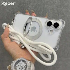 Crossbody Lanyard Transparent Magnetic Holder Stand Case For  iPhone 12 13 14 15 16 Pro Max Necklace Shoulder Strap Hard Cover