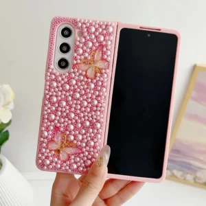 Crystal Bracelet Bead Butterfly Phone Case For Samsung Galaxy Z Fold 7 6 5 4 3 Z Fold7 Fold6 Fold5 Fold4 5G Shockproof Cover