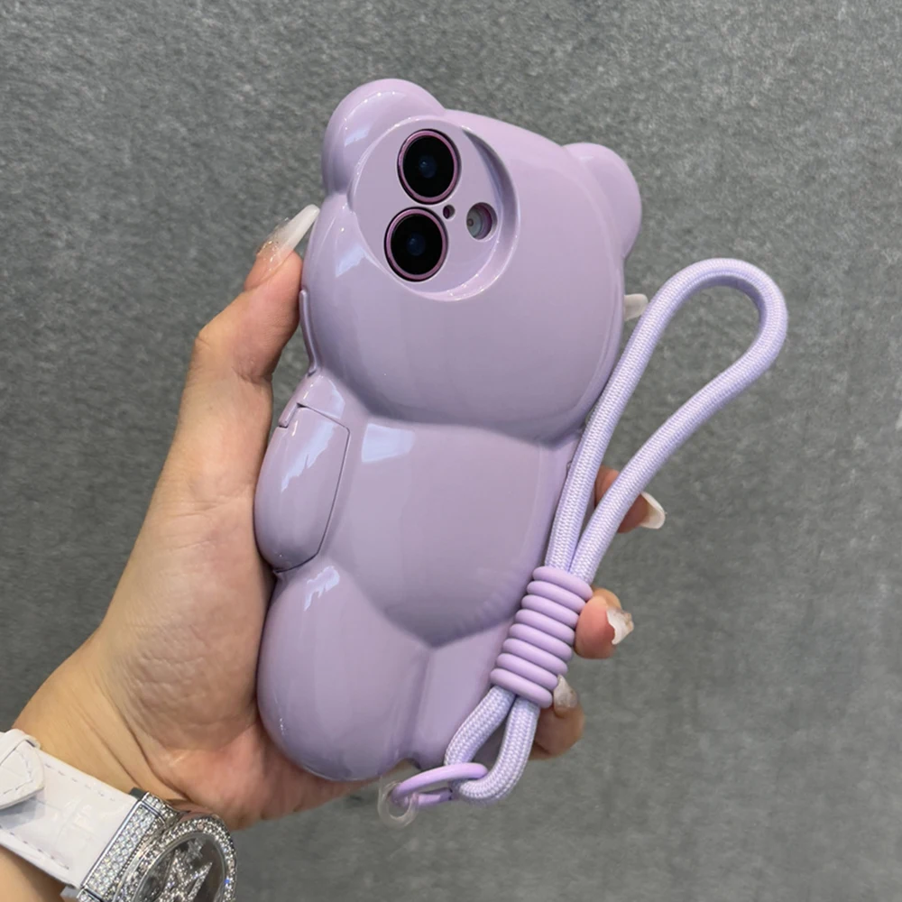 Cute Glossy Bear Wristband Lanyard Phone Case For iPhone 16 15 14 13 12 Pro Max 3D Cartoon Full Bumper Protection Back Cover