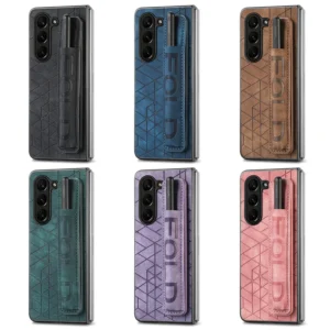 Fashion Hard PC Phone Case Wrist Strap PU Leather Cover For Samsung Galaxy Z Fold 6 5 4 3 with S Pen Holder & Finger Grip/no Pen