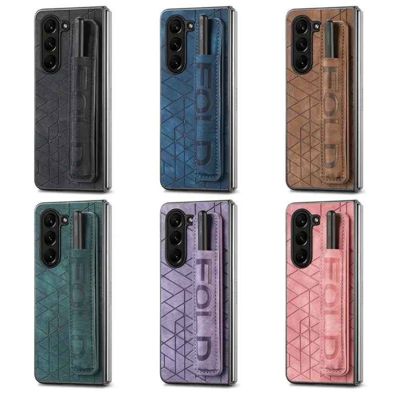 Fashion Hard PC Phone Case Wrist Strap PU Leather Cover For Samsung Galaxy Z Fold 6 5 4 3 with S Pen Holder & Finger Grip/no Pen