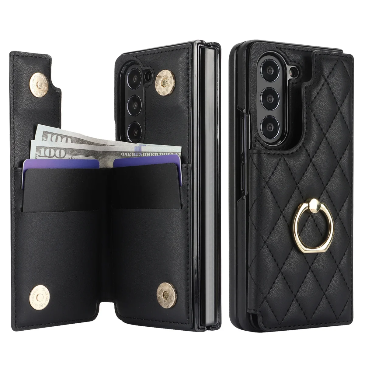Fold7 Diamond Grid Pu Leather Phone Case for Samsung Galaxy Z Fold 7 6 5 4 3 Ring+bracket+Double Buckle Card Holder Wallet Cover