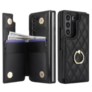 Fold7 Diamond Grid Pu Leather Phone Case for Samsung Galaxy Z Fold 7 6 5 4 3 Ring+bracket+Double Buckle Card Holder Wallet Cover