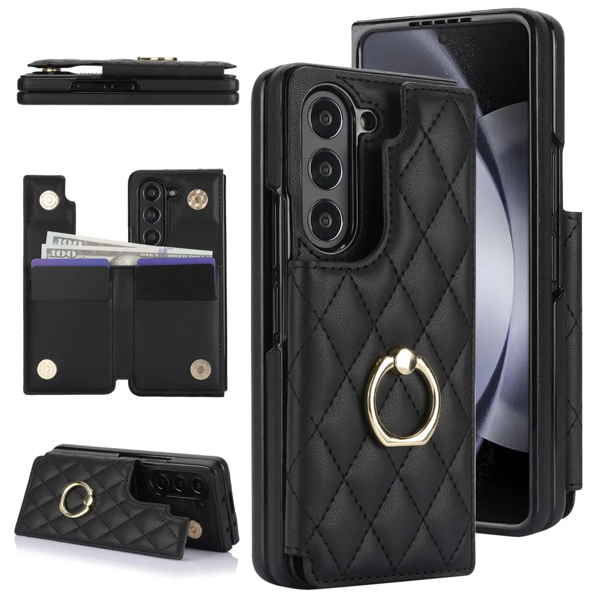 Fold7 Diamond Grid Pu Leather Phone Case for Samsung Galaxy Z Fold 7 6 5 4 3 Ring+bracket+Double Buckle Card Holder Wallet Cover - Image 2