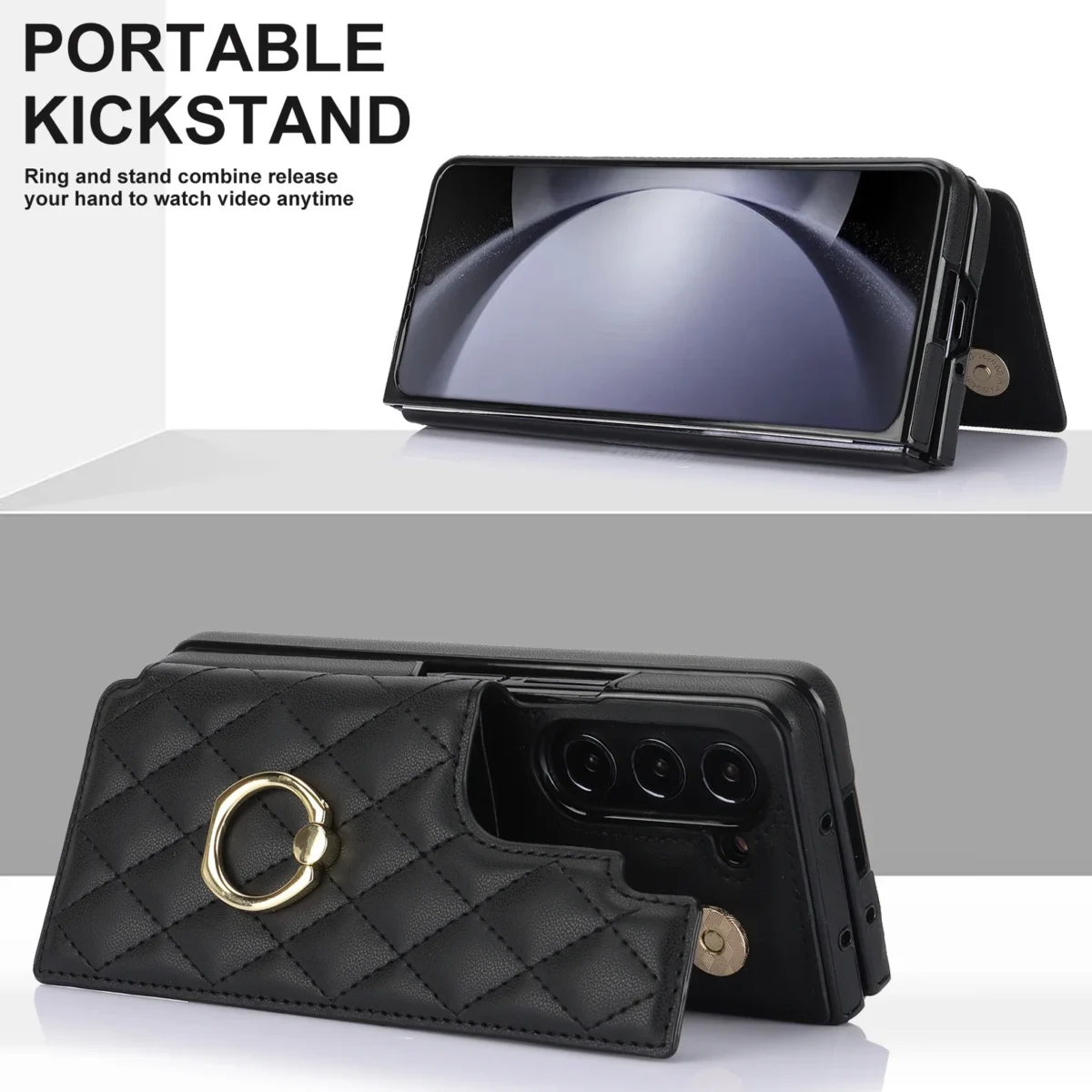 Fold7 Diamond Grid Pu Leather Phone Case for Samsung Galaxy Z Fold 7 6 5 4 3 Ring+bracket+Double Buckle Card Holder Wallet Cover - Image 3