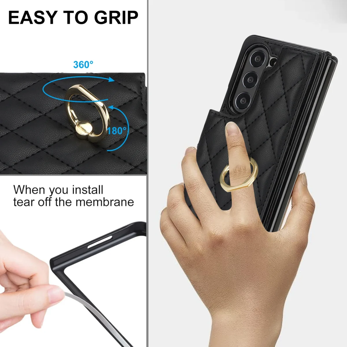 Fold7 Diamond Grid Pu Leather Phone Case for Samsung Galaxy Z Fold 7 6 5 4 3 Ring+bracket+Double Buckle Card Holder Wallet Cover - Image 4