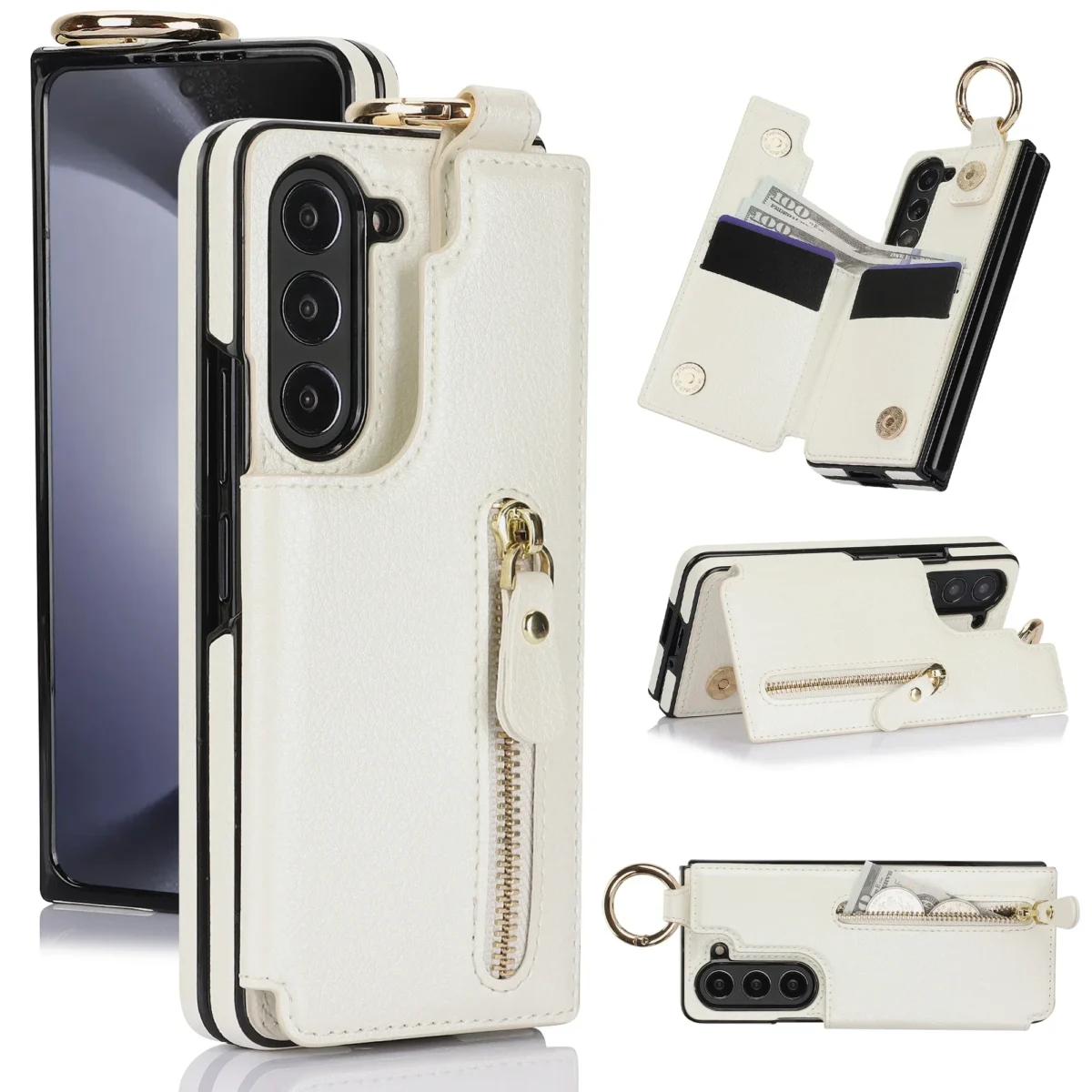 Folding Card Bag Finger Ring Leather Stand Case for Samsung Galaxy Z Fold 3 4 5 6 7 5G ZFold6 Zipper Wallet Business Fold7 Cover