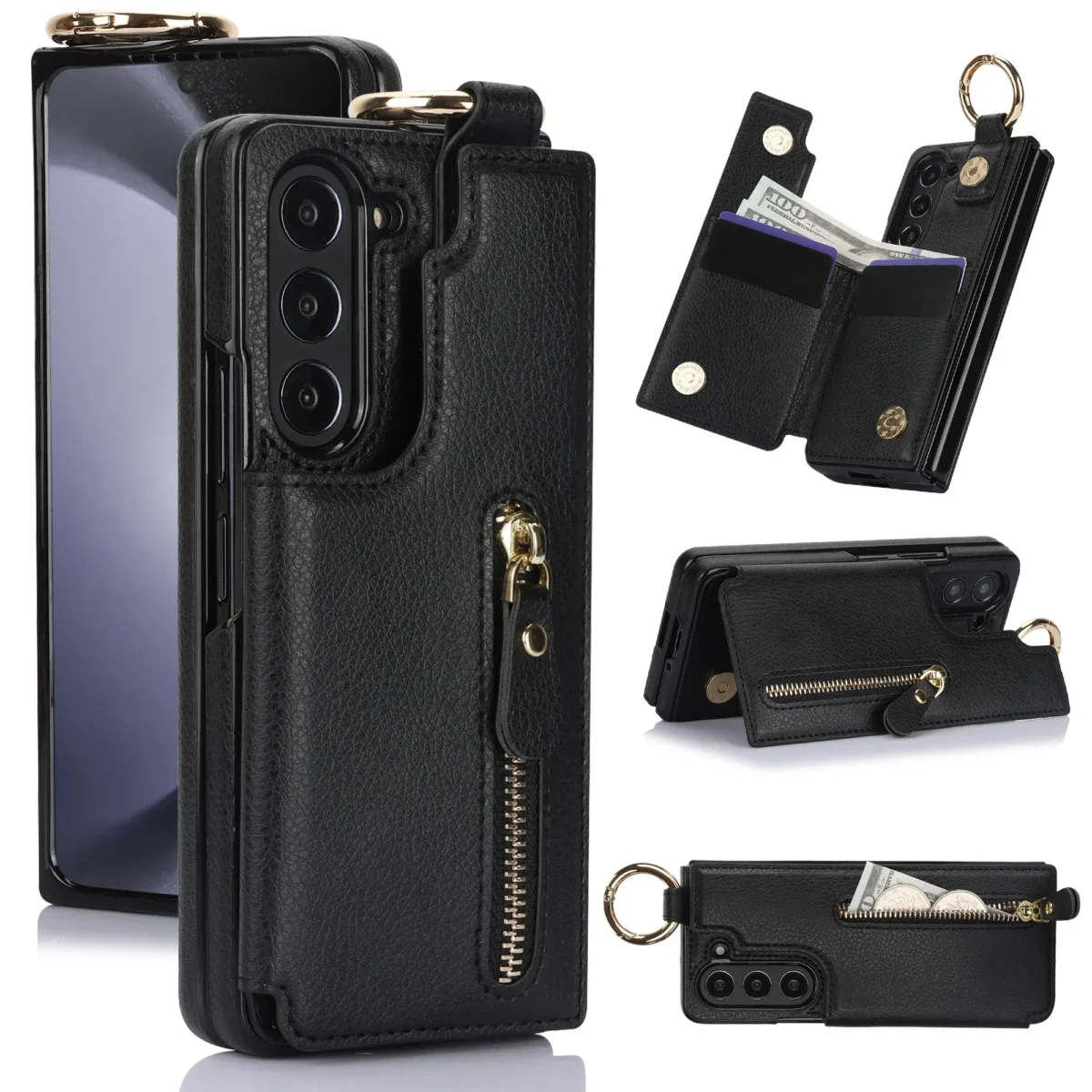 Folding Card Bag Finger Ring Leather Stand Case for Samsung Galaxy Z Fold 3 4 5 6 7 5G ZFold6 Zipper Wallet Business Fold7 Cover - Image 3