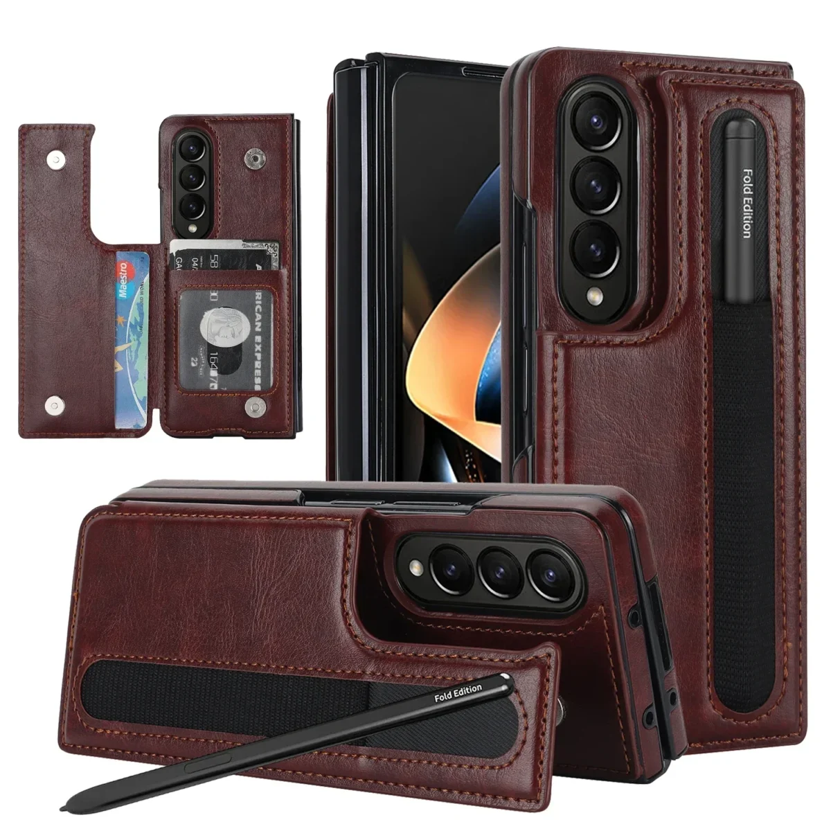 Folding Card Bag Finger Ring Leather Stand Case for Samsung Galaxy Z Fold 3 4 5 6 7 5G ZFold6 Zipper Wallet Business Fold7 Cover - Image 6