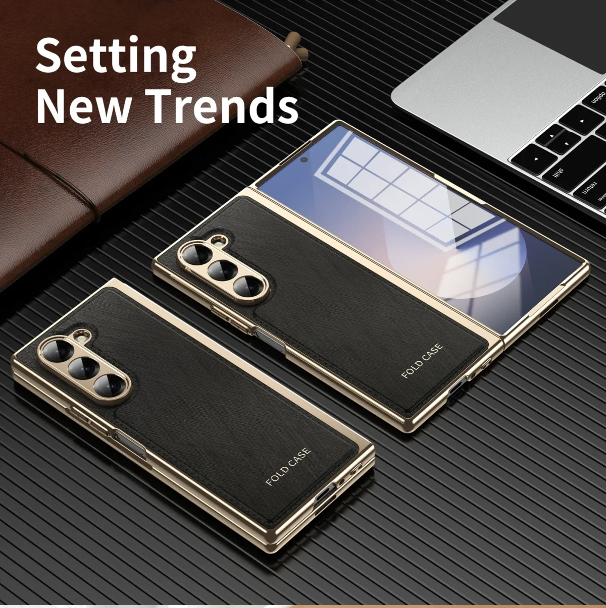 For Samsung Galaxy Z Fold 7 6 5 4 3 Case Leather Light Texture Gold Wire Plating Hinge 360 Full Screen Protector Folding Cover - Image 2