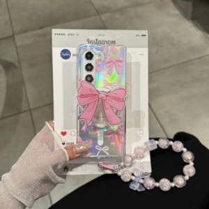 for Samsung Galaxy Z Fold 7 6 5 4 3 fold7 Ins New Girl Pink Bow Hanging Rope Pendant Fold Phone Case Cartoon Cover
