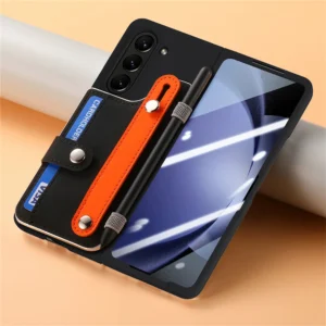 For Samsung Galaxy Z Fold 7 6 5 Fold7 5G Card Slot Wallet Case with Pen Holder & Screen Protector Wrist Strap Cover(NO Pen)