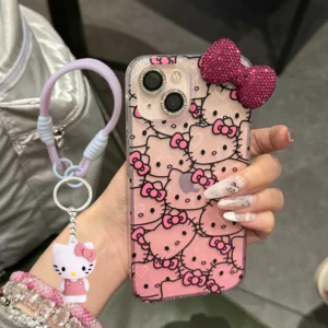 Full Screen Hello Kitty Diamond Bow Gradient Phone Case For iPhone 16 15 14 13 12 11 Pro Max XR XS MAX 7 8 Plus MINI Y2K Laser
