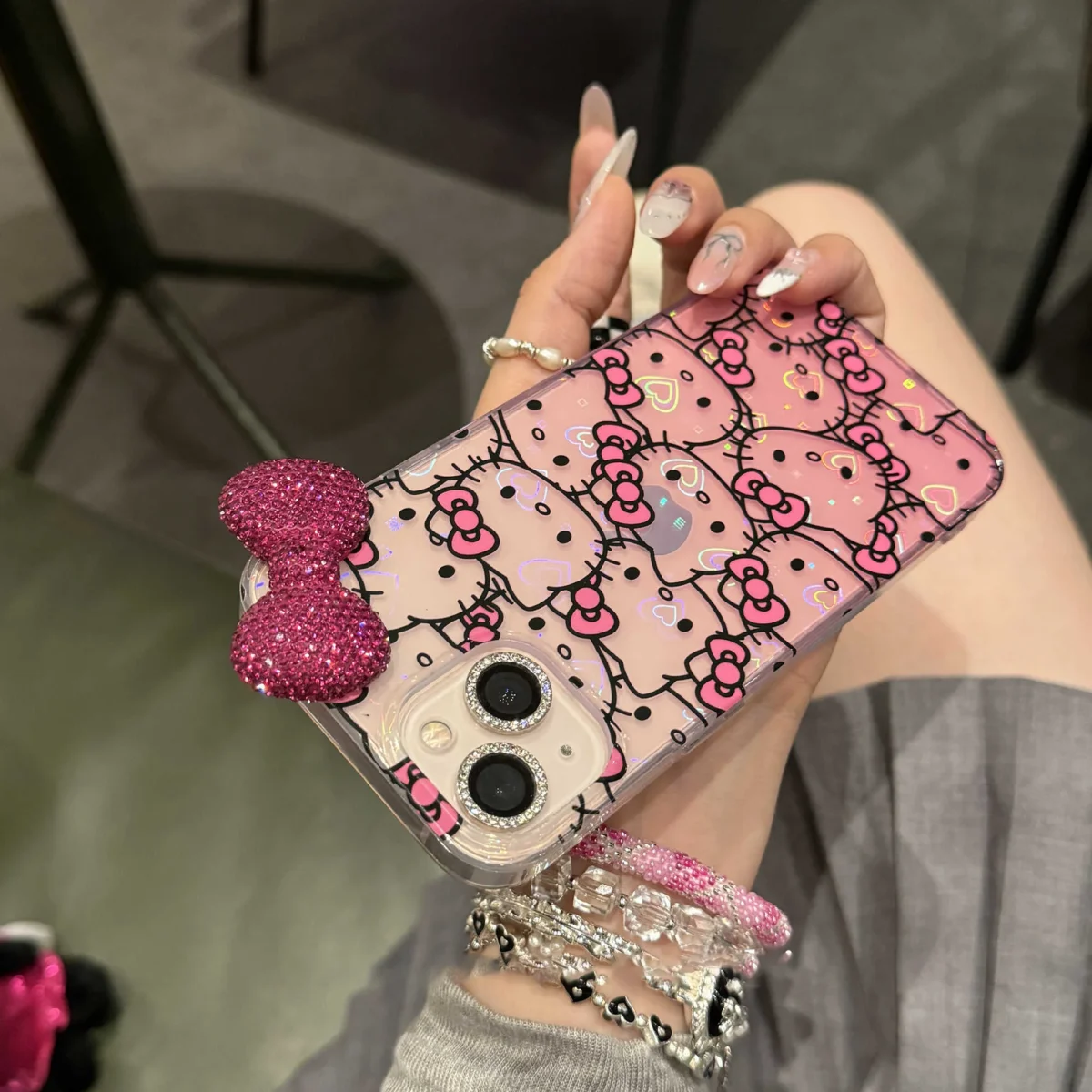 Full Screen Hello Kitty Diamond Bow Gradient Phone Case For iPhone 16 15 14 13 12 11 Pro Max XR XS MAX 7 8 Plus MINI Y2K Laser - Image 2