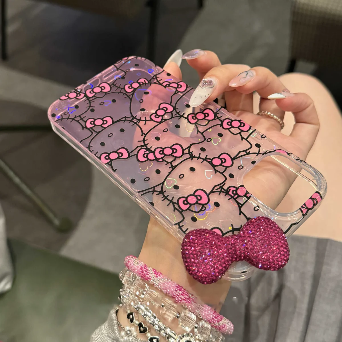 Full Screen Hello Kitty Diamond Bow Gradient Phone Case For iPhone 16 15 14 13 12 11 Pro Max XR XS MAX 7 8 Plus MINI Y2K Laser - Image 5