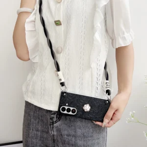 Korean Luxury Camellia Japonica Phone Case With Cross Rope For Samsung Galaxy ZFold 7 Z Fold7 5 6 Z Fold 4 3 Hard Back Cover