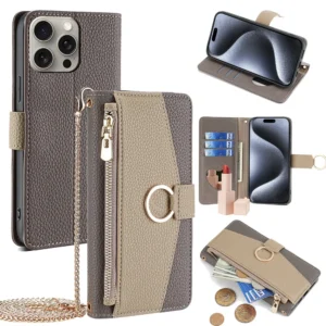Leather Phone Case for iPhone 16 15 14 13 12 11 Pro Max Crossbody Wallet Case X XR 7 8 Plus Flip Mirror Cover with Long Lanyard