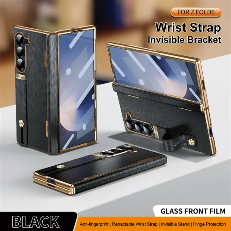 | Wholesale Price at Gaffar India Leather Phone Case for Samsung Galaxy Z Fold 7 6 5 4 3 Fold7 Luxury Hinge Protector Wrist Strap Kickstand Back Cover YYC005