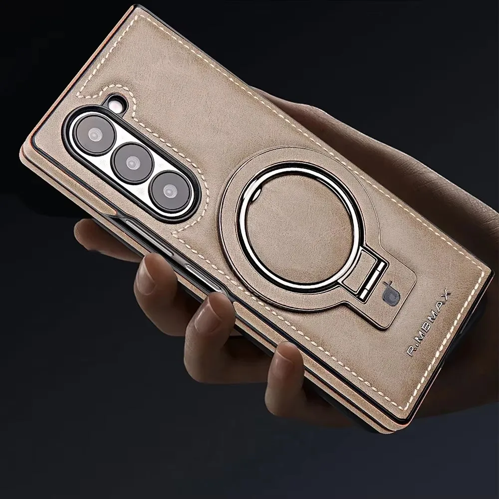 Luxury Magnetic Ring Holder Z Fold6 Leather Case For Samsung Galaxy Z Fold 4 5 6 Wireless Charging Shockproof Protective Cover