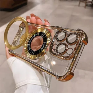 Luxury Plating Magsafe Wireless Charge Case For iPhone 16 15 14 13 12 11 Pro Max Plus Clear Acrylic Magnetic Stand Holder Cover