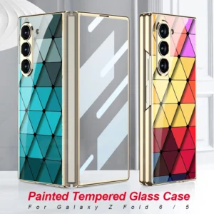 Luxury Plating Screen Glass Case For Samsung Galaxy Z Fold 6 5 Case Back Painted Pattern Glass Plastic Cover For Galaxy Z Fold 6