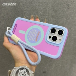 Luxury With Lanyard For Magsafe Matte Silicone Phone Case For iPhone 14 15 16 Pro Max Magnetic Wireless Charge Bumper Back Cover