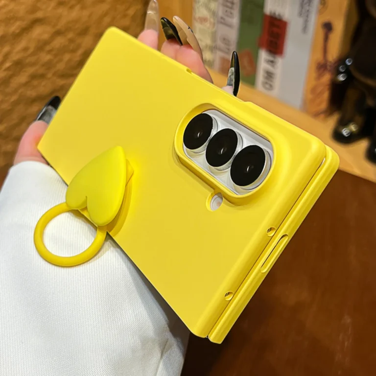 New Korean Lemon Yellow Solid Color Phone Case With Love Heart Ring for Samsung Galaxy Z Fold7 Z Fold6 Z Fold 5 4 3 Back Cover