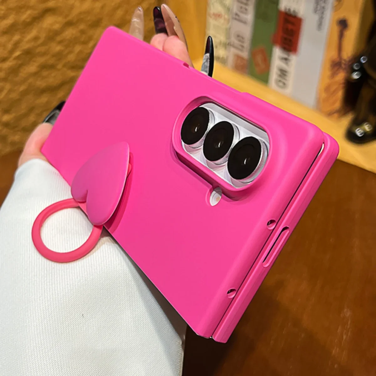 New Korean Lemon Yellow Solid Color Phone Case With Love Heart Ring for Samsung Galaxy Z Fold7 Z Fold6 Z Fold 5 4 3 Back Cover - Image 3