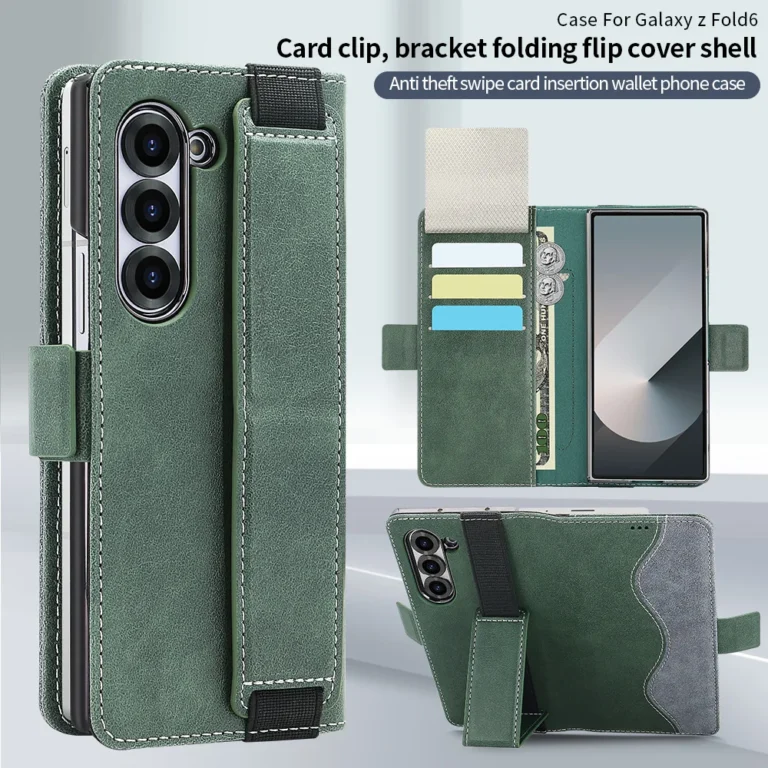 | Wholesale Price at Gaffar India PU Leather Flip Wallet Phone Case for Galaxy Z Fold 7/6/5 with RFID Blocking Feature And Adjustable Wristband Kickstand Holder