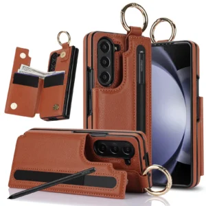 PU Leather Ring Phone Case for Samsung Galaxy Z Fold 7 6 5 4 3 Fold7 Fold6 Fold5 5G Wallet with Pen Holder & Card Slot (No Pen)