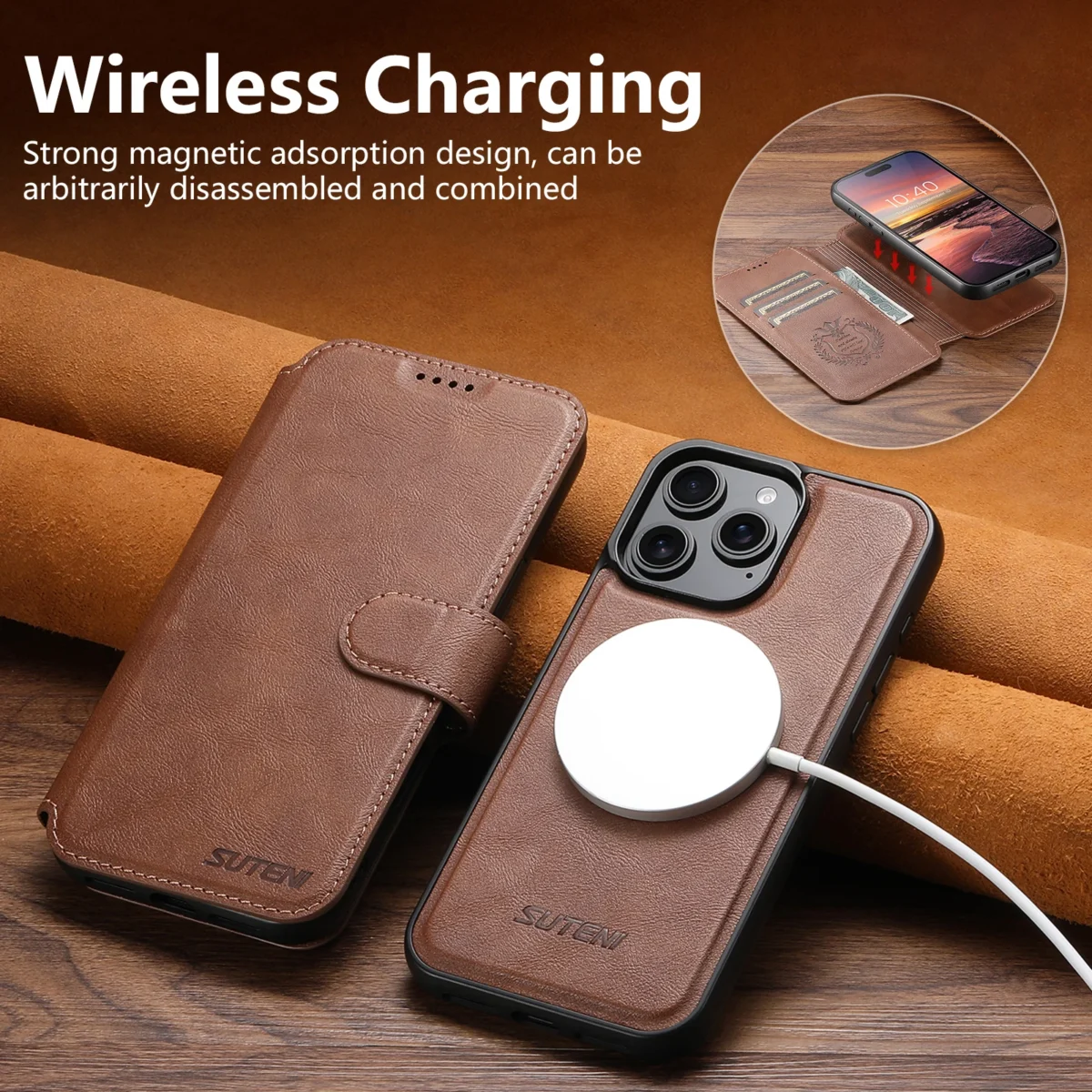PU Leather Wireless Charging Card Holder Stand Wallet Magnetic Flip Cover Phone Case For iPhone 17 Pro Max 16 Plus 15 14 13 12 - Image 2