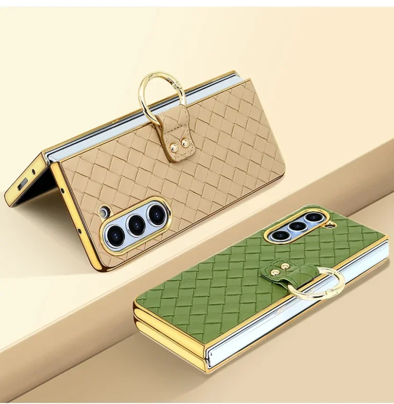 | Wholesale Price at Gaffar India PU Leather with Glass Front Film Shockproof Woven Pattern Phone Case for Samsung Galaxy Z Fold 6 5 4 3 with Finger Ring Bracket