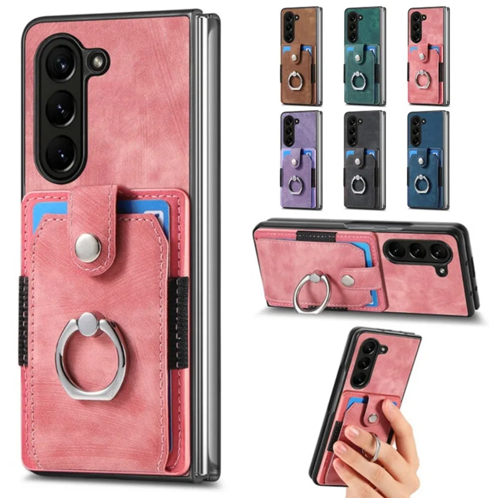 Retro Artificial Leather Wallet Phone Case with Ring Holder for Samsung Galaxy Z Fold 7 6 5 4 3 Fold7 Fold6 5G Card Slot Cover