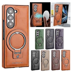 Retro Leather Phone Case Magnetic Phone Cover For Samsung Galaxy Z Fold 7 6 5 4 3 Magsafe Phone Shell 360° Rotation Ring Bracket