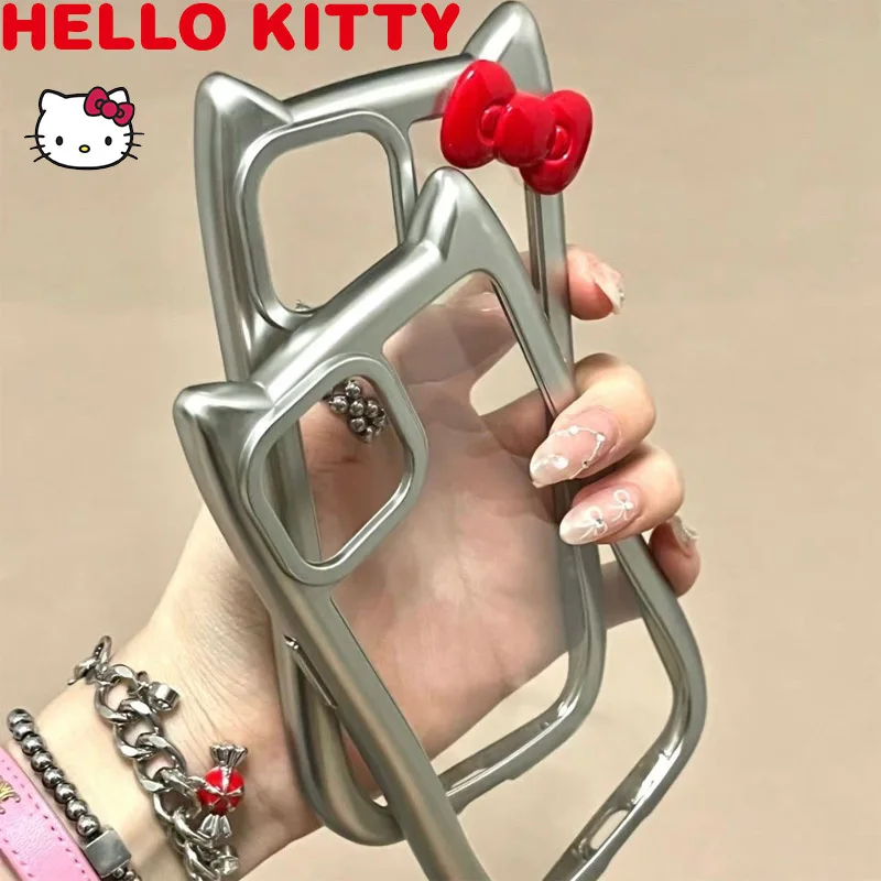 Sanrio Hello Kitty Cute Plating Silver Case for IPhone 15 14 13 11 12 Pro Max Xs Y2k Anti-fall Cover Cat Ears Phone Case Cover
