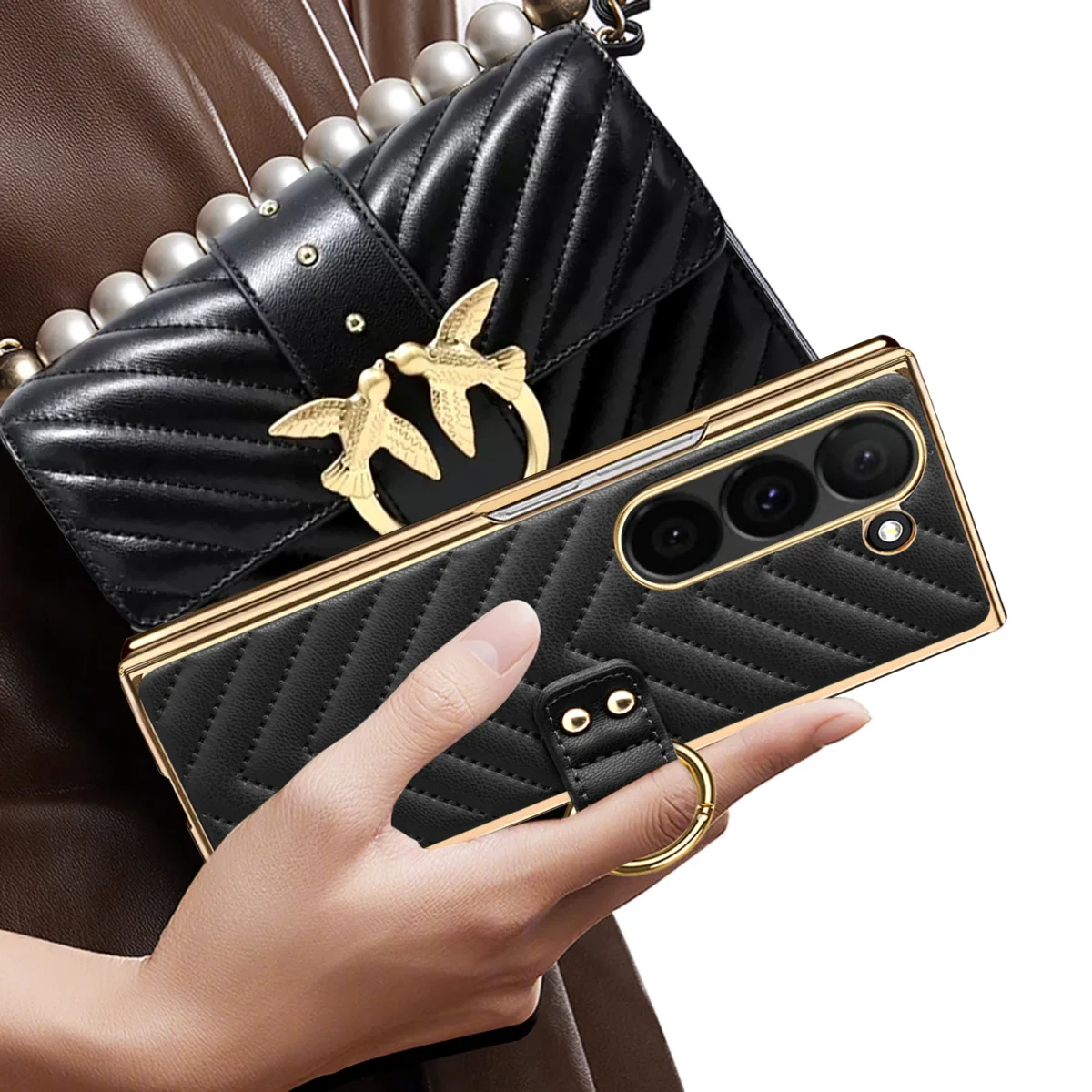 VIETAO For Samsung Galaxy Z Fold 7 Case With Ring Holder&Built-in Screen Protector Women Quilted Leather Z Fold 6 5 4 Phone Case - Image 2