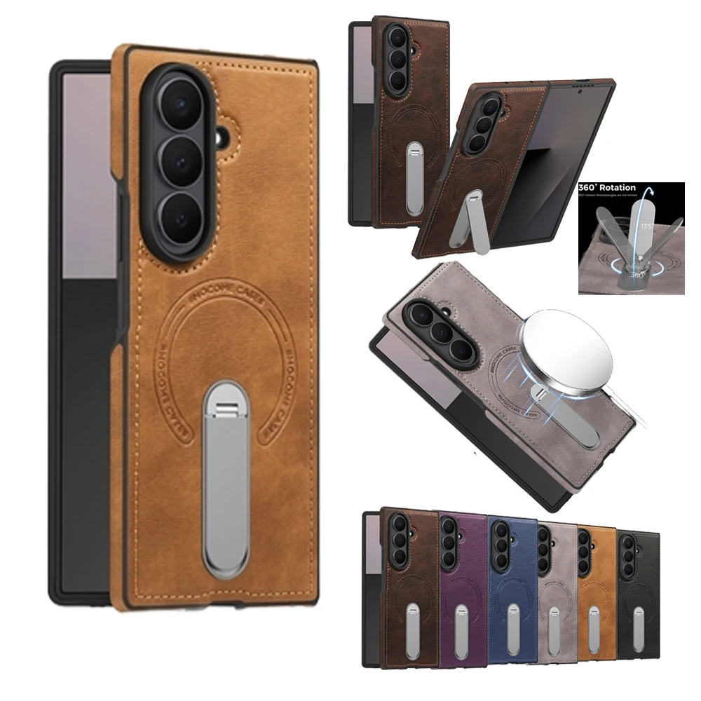 Wireless Charging Magnetic Phone Cover For Samsung Galaxy Z Fold 7 6 5 4 3 Leather Case Kickstand Bracket Phone Case Shockproof
