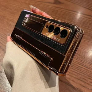 With Screen Protector Luxury Leather Case for Samsung Galaxy Z Fold 6 5 Fold4 Fold3 5G One-Piece Plating Stand Cover Gold
