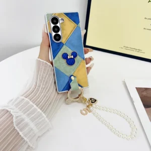With Wrist Strap Retro Plaid Sticker Plain Leather Case For Samsung Galaxy Z Fold 7 6 5 4 3 Z Fold7 Fold6 5G Protection Cover