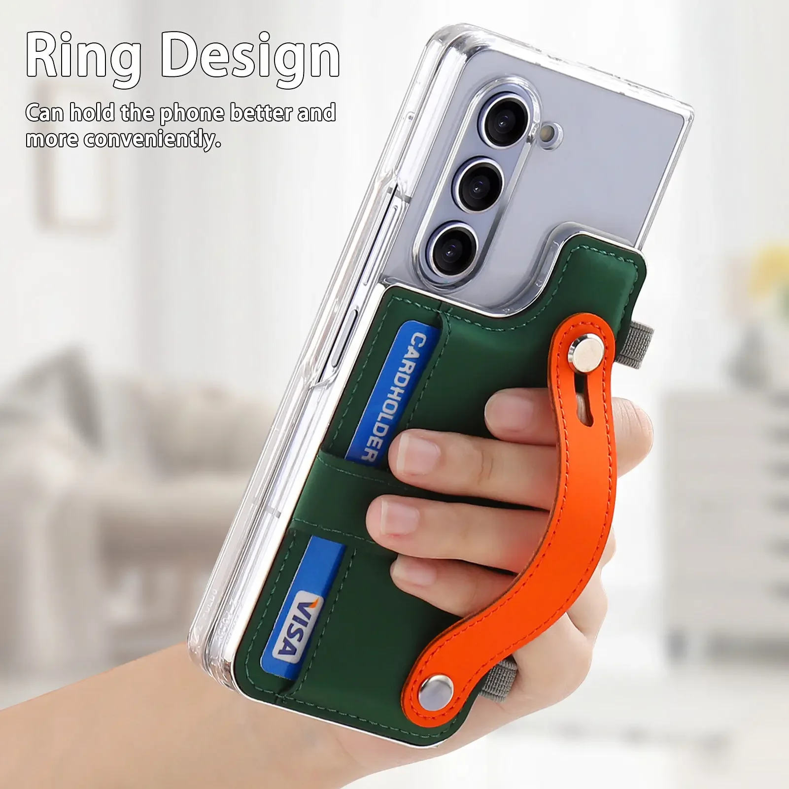 Z Flip6 Leather Wristband Card Wallet Clear Case for Samsung Galaxy Zfold5 Z Fold 6 Fold 5 Bracket Photo Package Slim Hard Cover