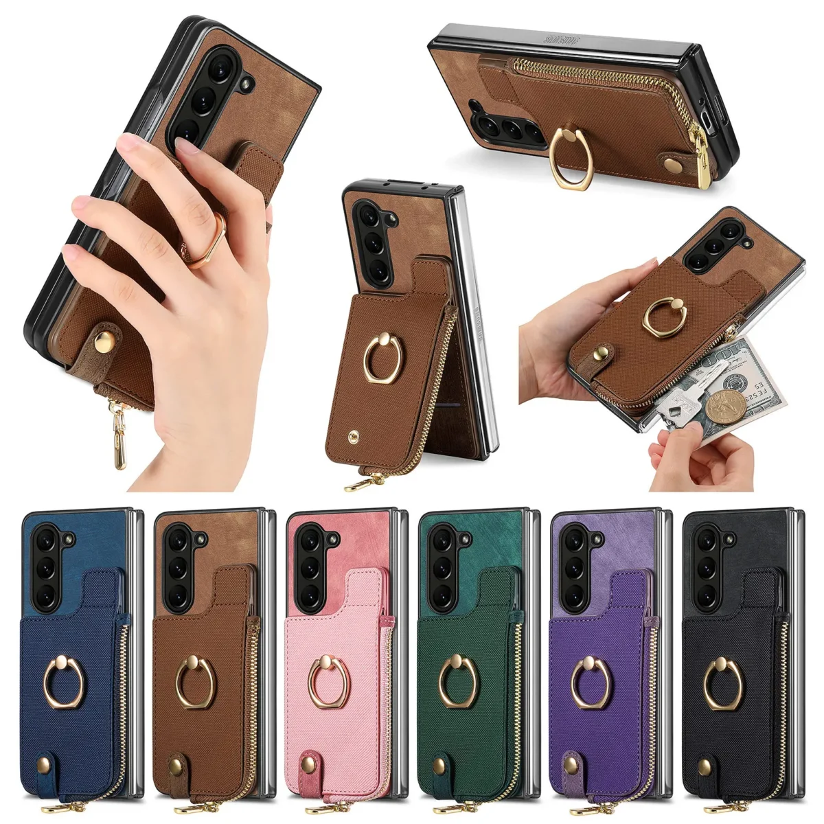 Zipper Vertical Cards Solt Leather Wallet For Z Fold 5 5g Fold5 Zfold5 Bag Ring Holder Purse Pocket Cover Funda