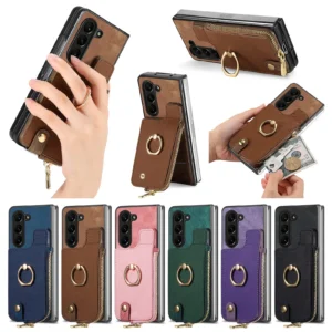 Zipper Vertical Cards Solt Leather Wallet For Z Fold 5 5g Fold5 Zfold5 Bag Ring Holder Purse Pocket Cover Funda