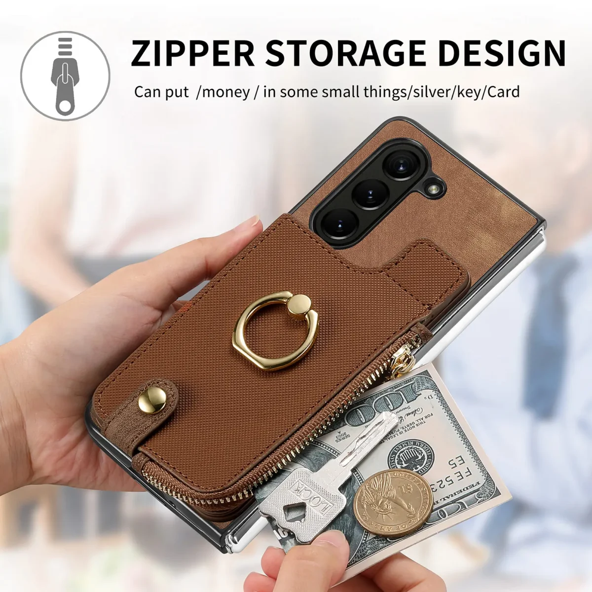Zipper Vertical Cards Solt Leather Wallet For Z Fold 5 5g Fold5 Zfold5 Bag Ring Holder Purse Pocket Cover Funda - Image 3